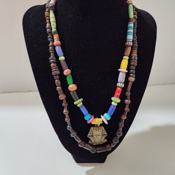 Hand Crafted Necklace King Tut Charm 2 Strands Brown Blue Beads - Picture 2 of 6